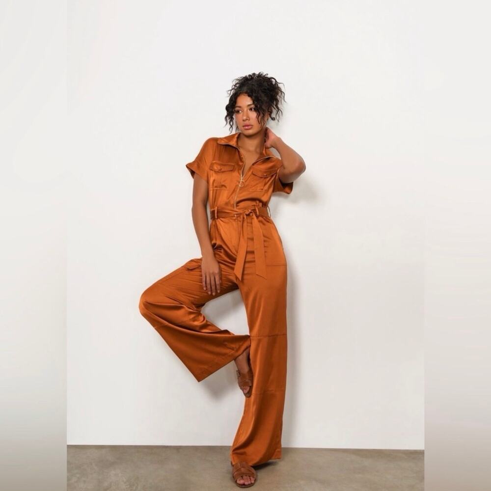 HUTCH Anthropologie Kerrigan Satin Utility Jumpsuit Size Medium Rust